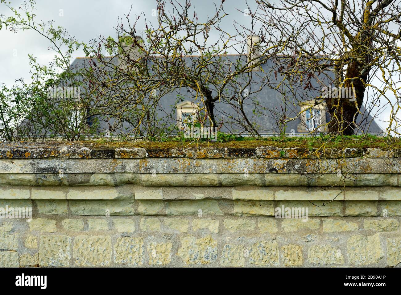 Mittelalterliche Steinmauer mit wachsendem Moos oben, im Hintergrund altes traditionelles französisches Landhaus mit Schieferdach. Stockfoto