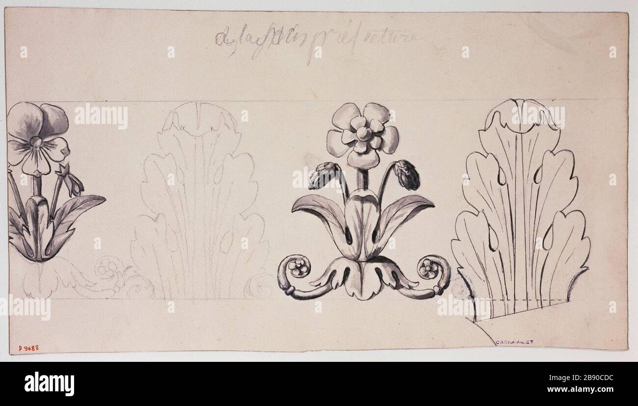 Blumen und Federn banden Guillaume Boichot (1735-1814). Fleurs et plumes nouées. Plume et encre de bistre sur Papier crème clair, 1735-1814. Paris, musée Carnavalet. Stockfoto