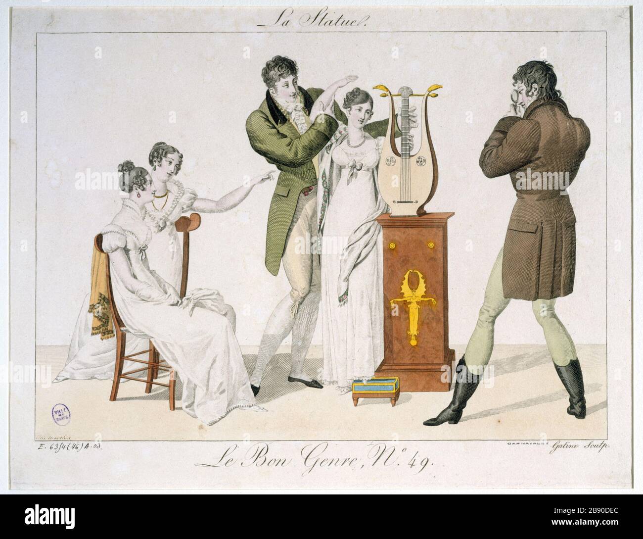 GESCHLECHT GUT - DIE STATUE Georges-Jacques Gatine. "Le Bon Genre numéro 49 : la Statue - 1811". Paris, musée Carnavalet. Stockfoto