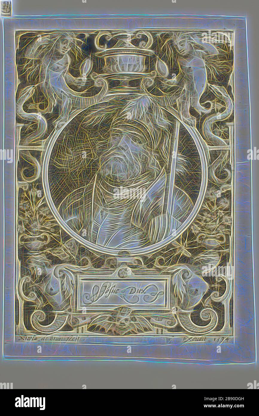 Joshua, Platte vier aus den neun Wertschriften, 1594, zweiter Staat überarbeitet, Nicolaes de Bruyn (Flämisch, 1571-1656), herausgegeben von Assuerus van Londerseel (Flämisch, 1572-1635), Flanders, Gravur in Schwarz auf cremefarbenem Papier, getippt auf cremefarbtem Papier, 118 × 84,5 mm (Bild), 121 × 84,5 mm (Primärplatte, innerhalb der Platte geschnitten) 133 × 98 mm (Sekundärstütze), von Gibon neu vorgestellt, Design von warmem, fröhlichem Leuchten von Helligkeit und Lichtstrahlen. Klassische Kunst mit moderner Note neu erfunden. Fotografie, inspiriert von Futurismus, mit dynamischer Energie moderner Technologie, Bewegung, Geschwindigkeit und Revolut Stockfoto