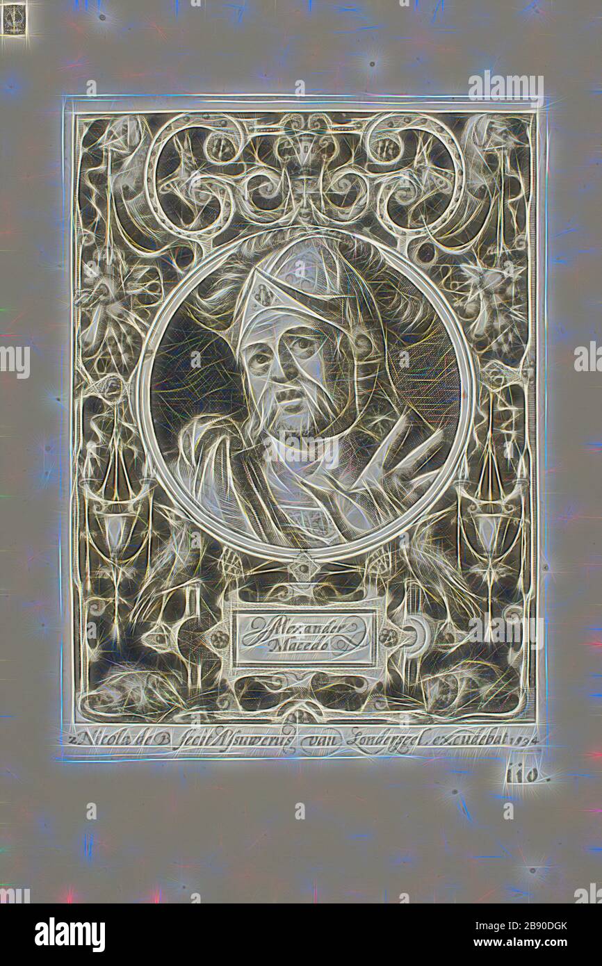 Alexander der große, Platte zwei aus den neun Wertschriften, 1594, Nicolaes de Bruyn (Flämisch, 1571-1656), herausgegeben von Assuerus van Londerseel (Flämisch, 1572-1635), Flanders, Gravur in Schwarz auf cremefarbenem Papier, 114 × 86 mm (Bild), 124 × 90 mm (Platte), 186 × mm (Blatt), neu vorgestellt von Gibon, 149 Design mit warmem, fröhlichem Glanz von Helligkeit und Lichtstrahlen. Klassische Kunst mit moderner Note neu erfunden. Fotografie, inspiriert vom Futurismus, die dynamische Energie moderner Technologie, Bewegung, Geschwindigkeit und Kultur revolutionieren. Stockfoto