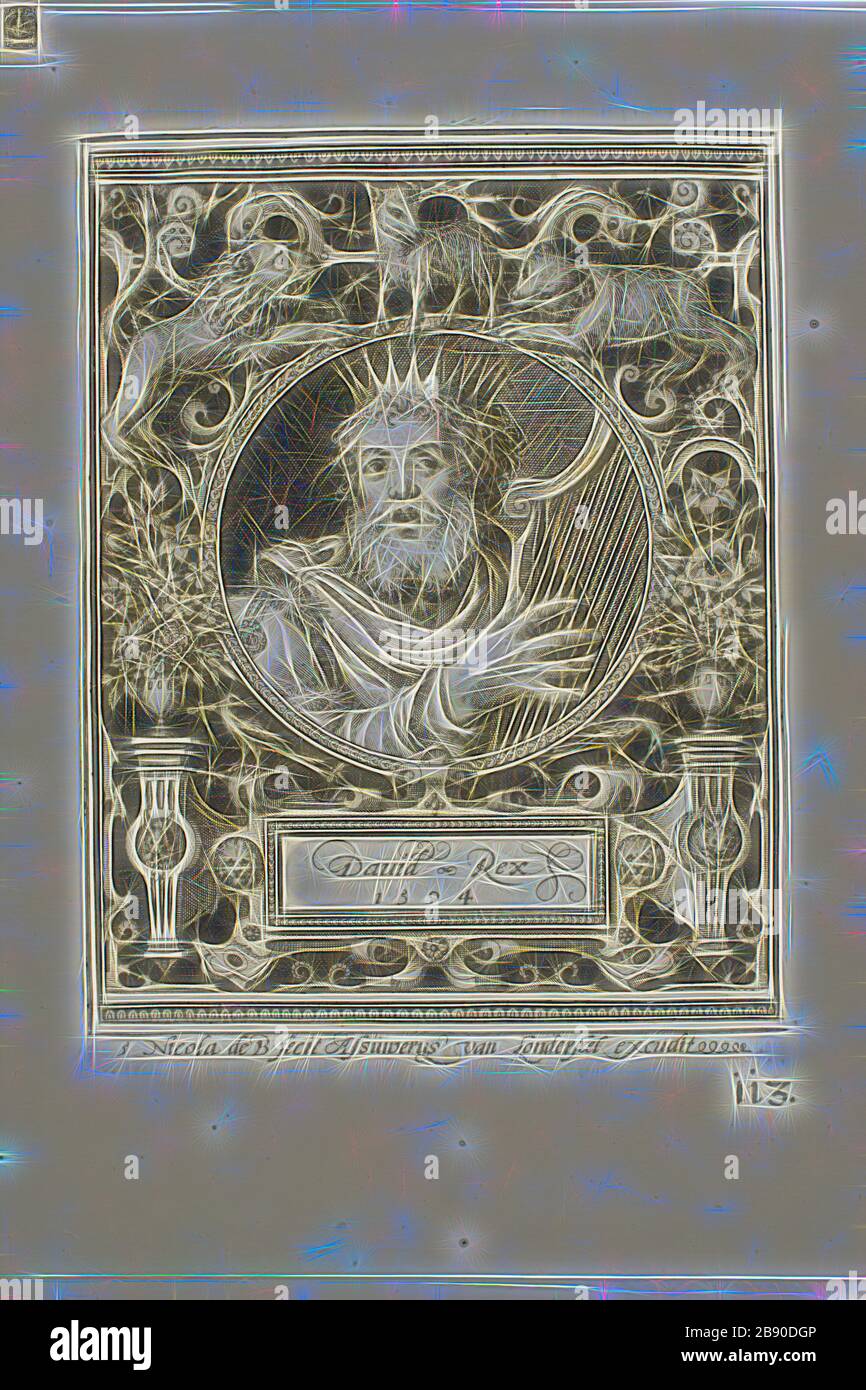 König David, Platte fünf aus den neun Wertschriften, 1594, Nicolaes de Bruyn (Flämisch, 1571-1656), herausgegeben von Assuerus van Londerseel (Flämisch, 1572-1635), Flanders, Gravur in Schwarz auf cremefarbenem Papier, 118 × 91 mm (Bild), 125 × 92 mm (Platte), 180 × 147 mm (Blatt), neu vorgestellt von Gibon, Design mit warmem, fröhlichem Glanz von Helligkeit und Lichtstrahlen. Klassische Kunst mit moderner Note neu erfunden. Fotografie, inspiriert vom Futurismus, die dynamische Energie moderner Technologie, Bewegung, Geschwindigkeit und Kultur revolutionieren. Stockfoto