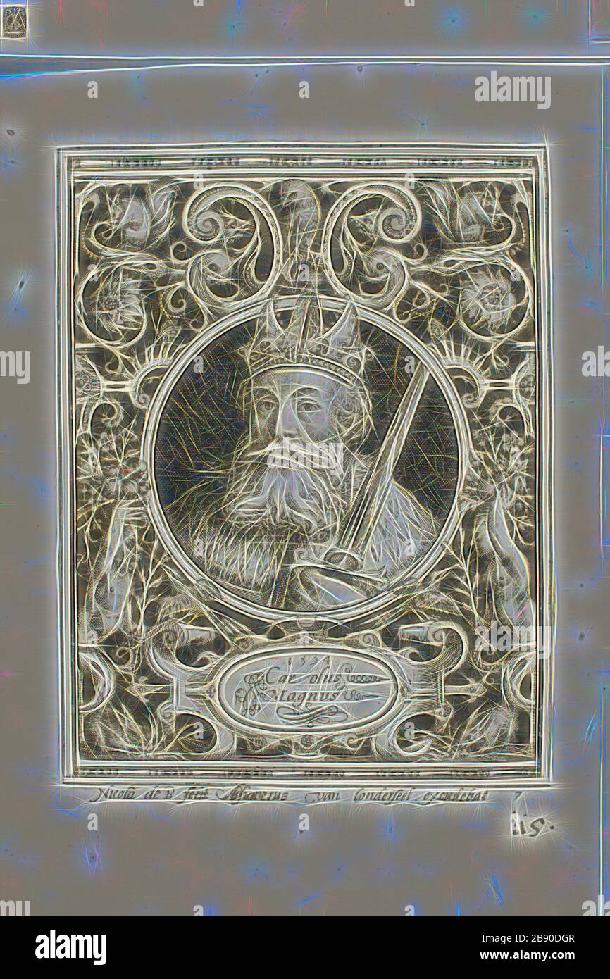 Karl der große, Platte sieben aus den neun Wertschriften, 1594, Nicolaes de Bruyn (Flämisch, 1571-1656), herausgegeben von Assuerus van Londerseel (Flämisch, 1572-1635), Flanders, Gravur in Schwarz auf cremefarbenem Papier, 118,5 × 91 mm (Bild), 123 × 92 mm (Platte), 180 × mm (Blatt), Gibon neu vorgestellt von Gibon Design mit warmem, fröhlichem Glanz von Helligkeit und Lichtstrahlen. Klassische Kunst mit moderner Note neu erfunden. Fotografie, inspiriert vom Futurismus, die dynamische Energie moderner Technologie, Bewegung, Geschwindigkeit und Kultur revolutionieren. Stockfoto