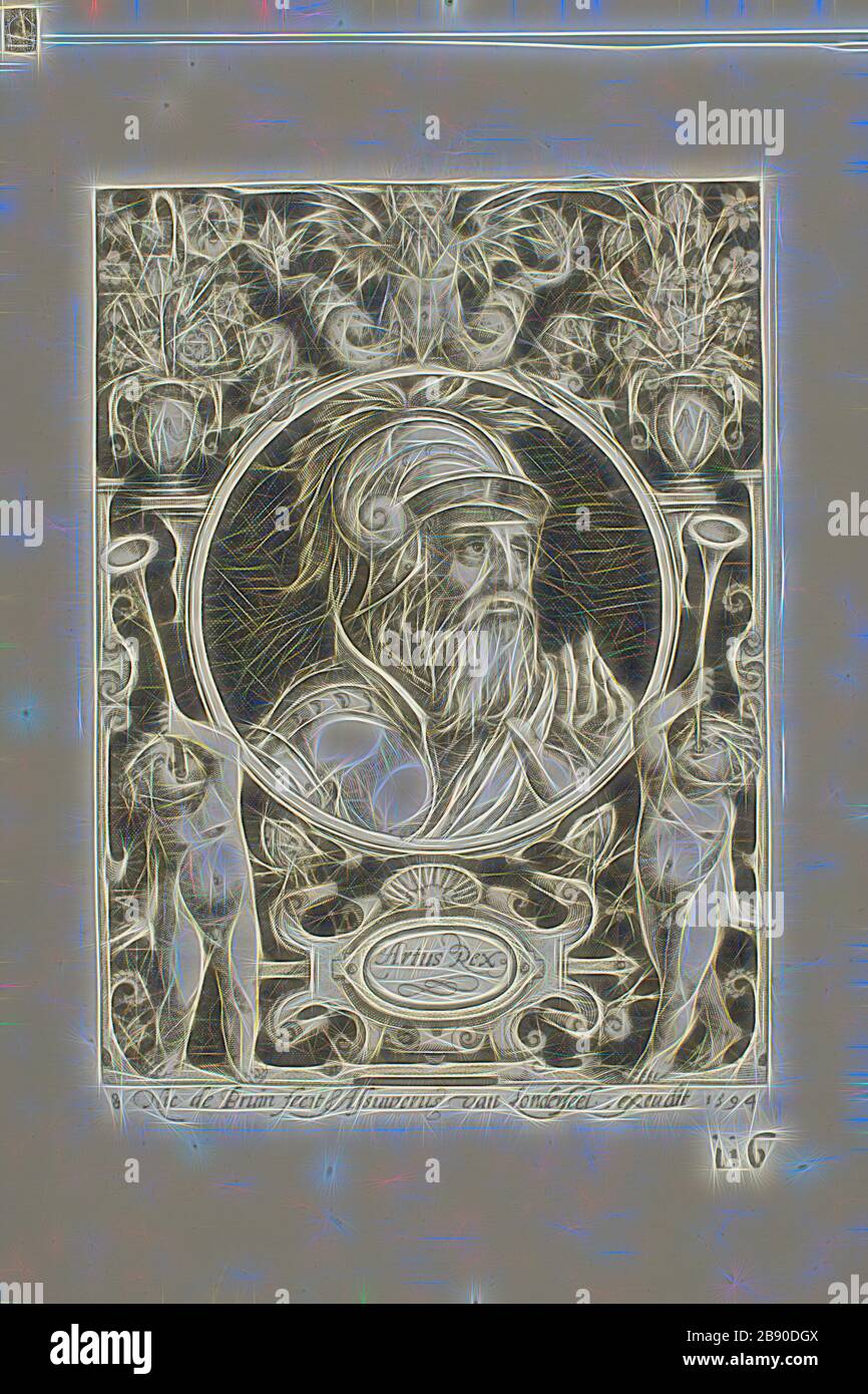 King Arthur, Platte Eight from the Nine Worthies, 1594, Nicolaes de Bruyn (Flämisch, 1571-1656), herausgegeben von Assuerus van Londerseel (Flämisch, 1572-1635), Flanders, Gravur in Schwarz auf cremefarbenem Papier, 117,5 × 86,5 mm (Bild), 124 × 91 mm (Platte), 175 × 143 mm (Blatt), neu vorgestellt von Gibon Design mit warmem, fröhlichem Glanz von Helligkeit und Lichtstrahlen. Klassische Kunst mit moderner Note neu erfunden. Fotografie, inspiriert vom Futurismus, die dynamische Energie moderner Technologie, Bewegung, Geschwindigkeit und Kultur revolutionieren. Stockfoto