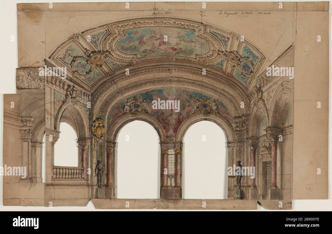 Modelldekor Theater für die Oper Les Huguenots (Act I) Meyerbeer, gespielt im Jahr 1874 Stockfoto