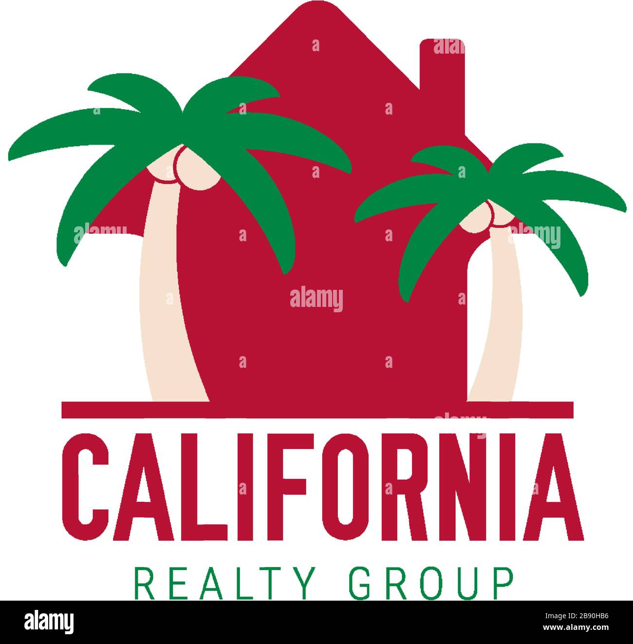 California Real Estate Vector Icon. Heimsymbol und zwei Palmen. Markenidee, Visitenkartenemblem. Stock Vektor