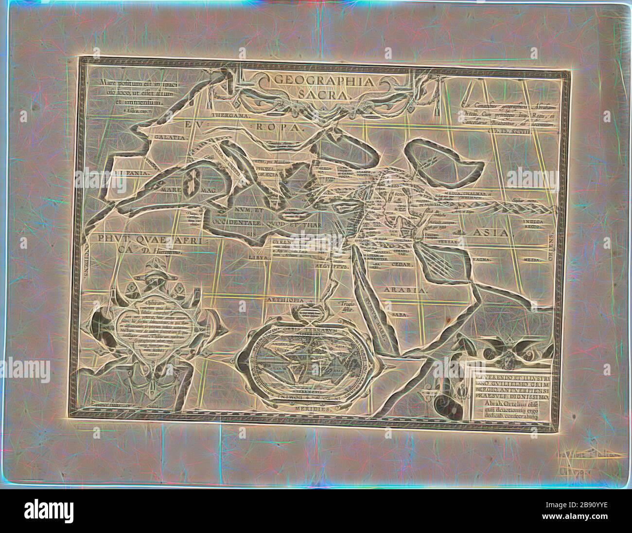 Karte, Geographia sacra ex conatibus geographicis Abrahami-Ortelij, Abraham Ortelius (1527-1598), Copperplate Print, von Gibon neu vorgestellt, Design von warmem, fröhlichem Leuchten von Helligkeit und Lichtstrahlen. Klassische Kunst mit moderner Note neu erfunden. Fotografie, inspiriert vom Futurismus, die dynamische Energie moderner Technologie, Bewegung, Geschwindigkeit und Kultur revolutionieren. Stockfoto