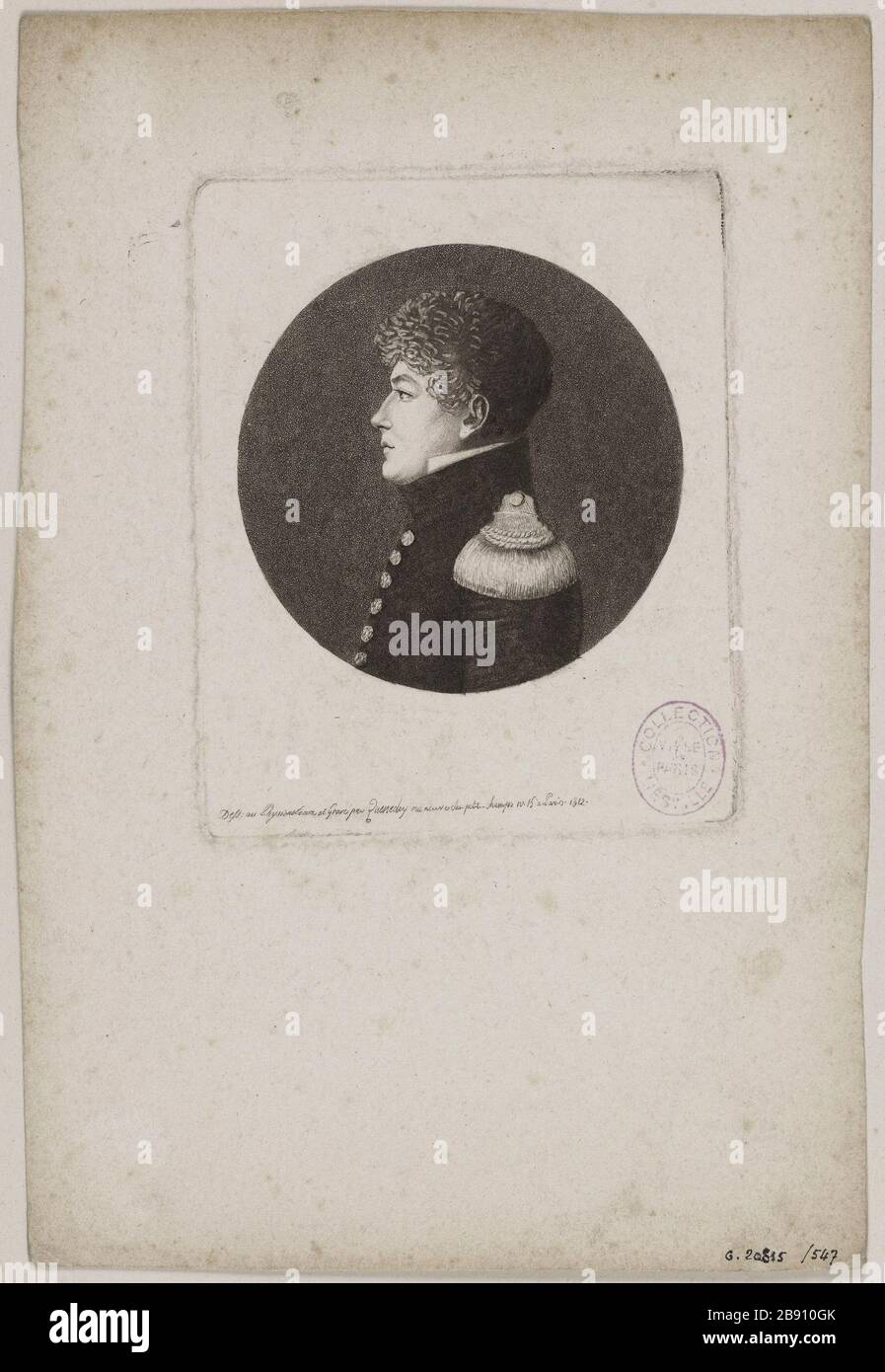 Porträt eines Mannes, eines militärischen Vertreters, Ende des achtzehnten Jahrhunderts/Anfang des neunzehnten Jahrhunderts. Edmé Quenedey (1756-1830). Portrait d'un homme, representant un militaire, fin XVIIIème siècle - début XIXème siècle. Physionotrace. Im Jahr 1812. Paris, musée Carnavalet. Stockfoto