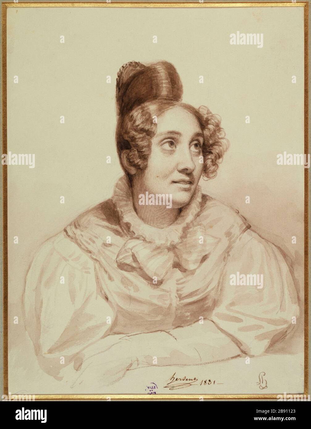 Porträt von Madame Arachecksne von 1831. Louis Hersent (1777-1860), Peintre français. Portrait de Madame Arachecksne. Lavis de sépia sur Crayon. 1831. Paris, musée Carnavalet. Stockfoto