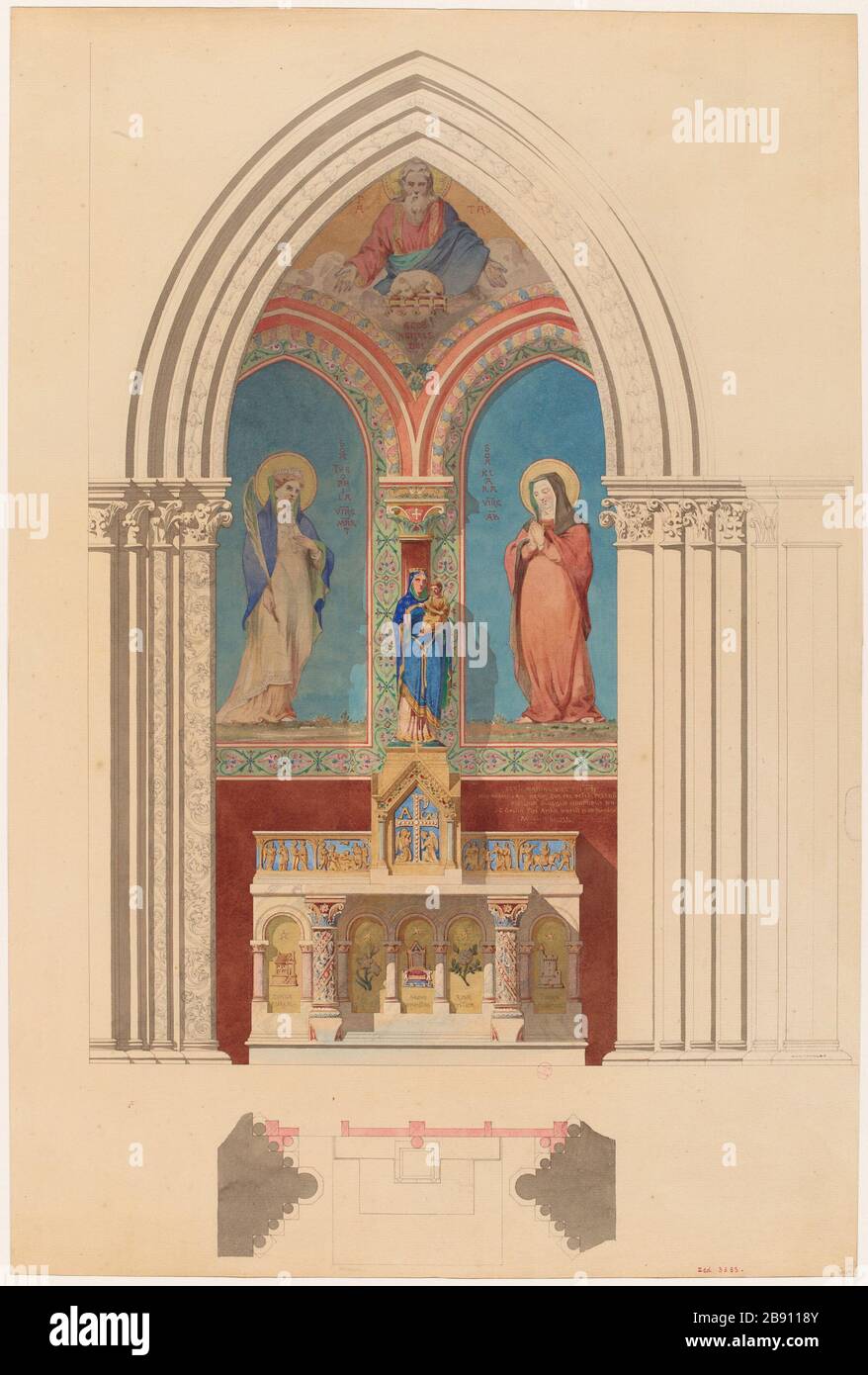 Projizieren Sie Höhe und dekorativen Grundriss für eine Kapelle und einen Altarwandanstrich. (Dummy-Titel) Jungfrau und Kind, St. Theophilus, St. Clara, Agnus Dei, Szenen aus dem Leben Christi. (Dummy-Titel) Stockfoto