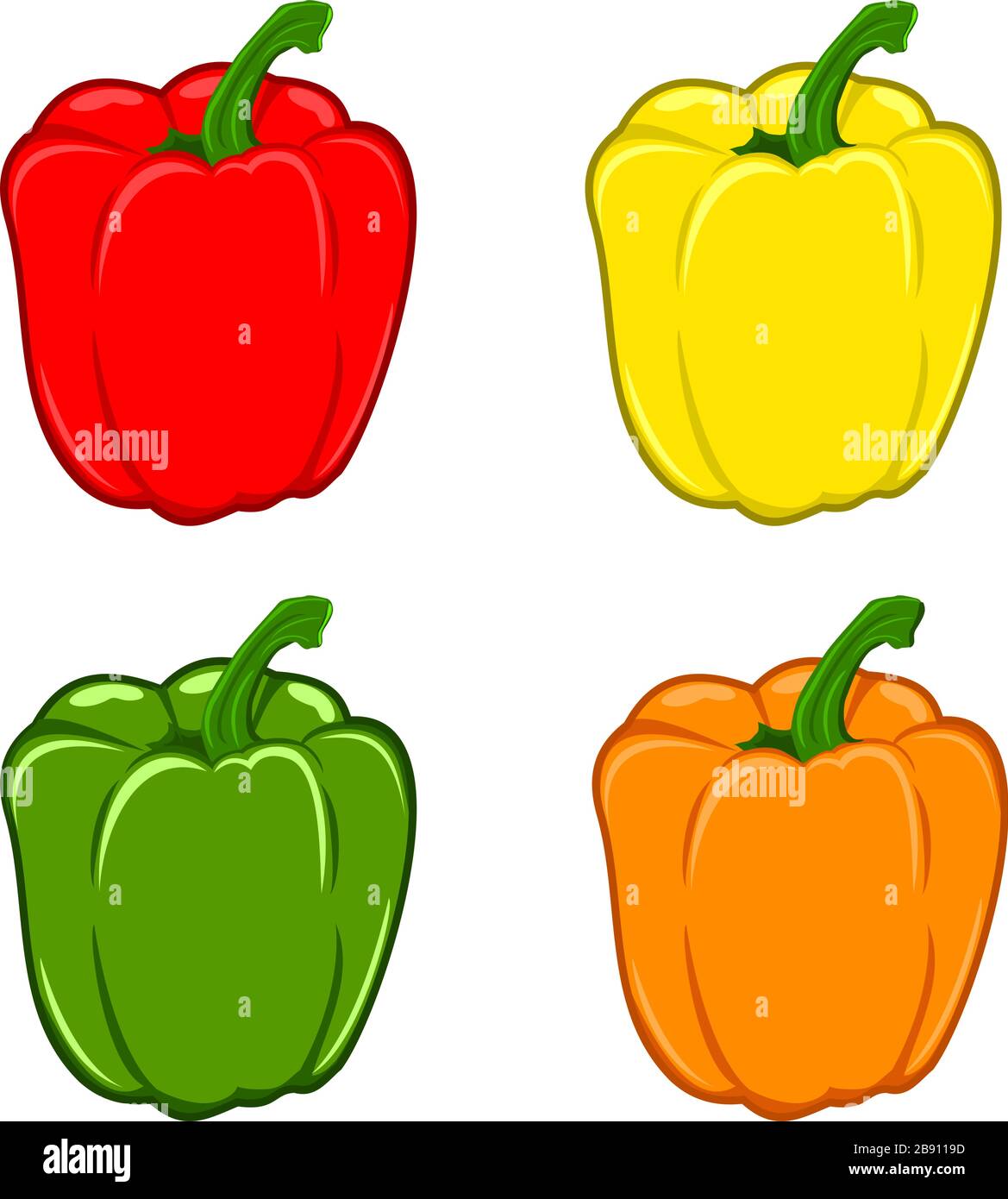 Vektordarstellung von Paprika. Satz mit vier Vektorgrafiken für Paprika. Roter, gelber, grüner und orangefarbener Pfeffer. Stock Vektor