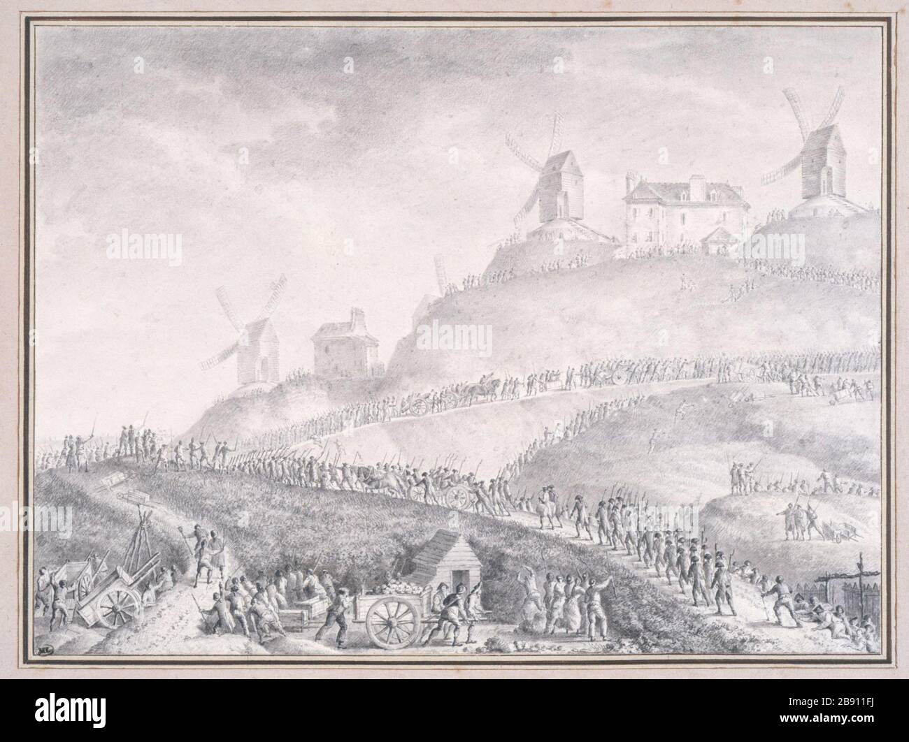 DIE WAFFEN VON PARIS WERDEN VOM VOLK MONTMARTRE Jean-Louis Prieur (le jeune) (1759-1795) transportiert. "Les Canons de Paris sont transportés par le puple à Montmartre le 15 juillet 1789". Paris, musée Carnavalet. Stockfoto