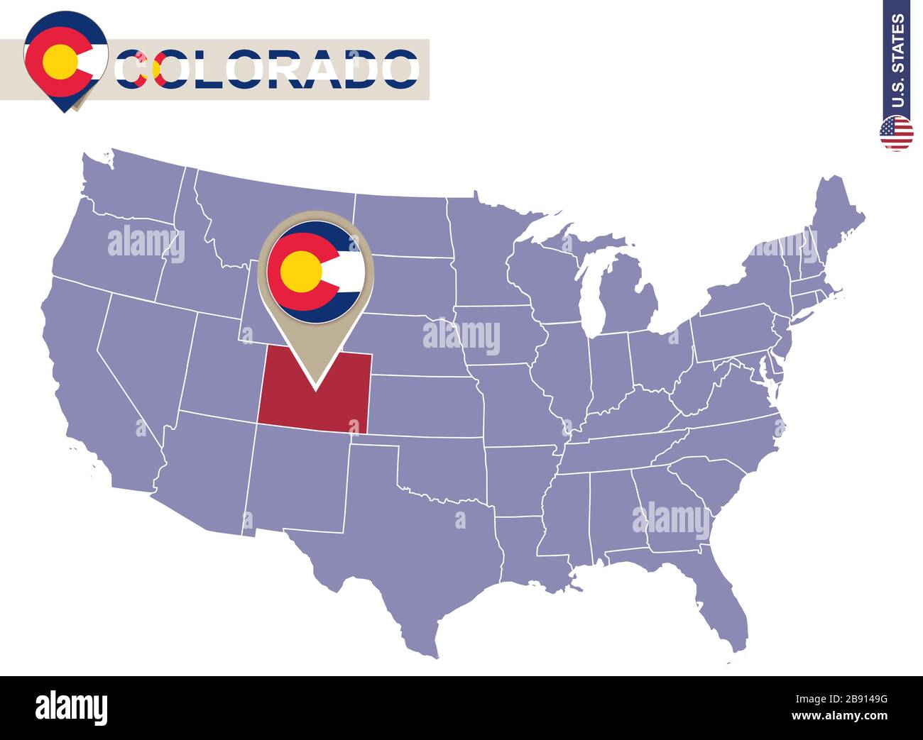 Colorado State auf USA Karte. Flagge und Karte von Colorado. US-Bundesstaaten. Stock Vektor