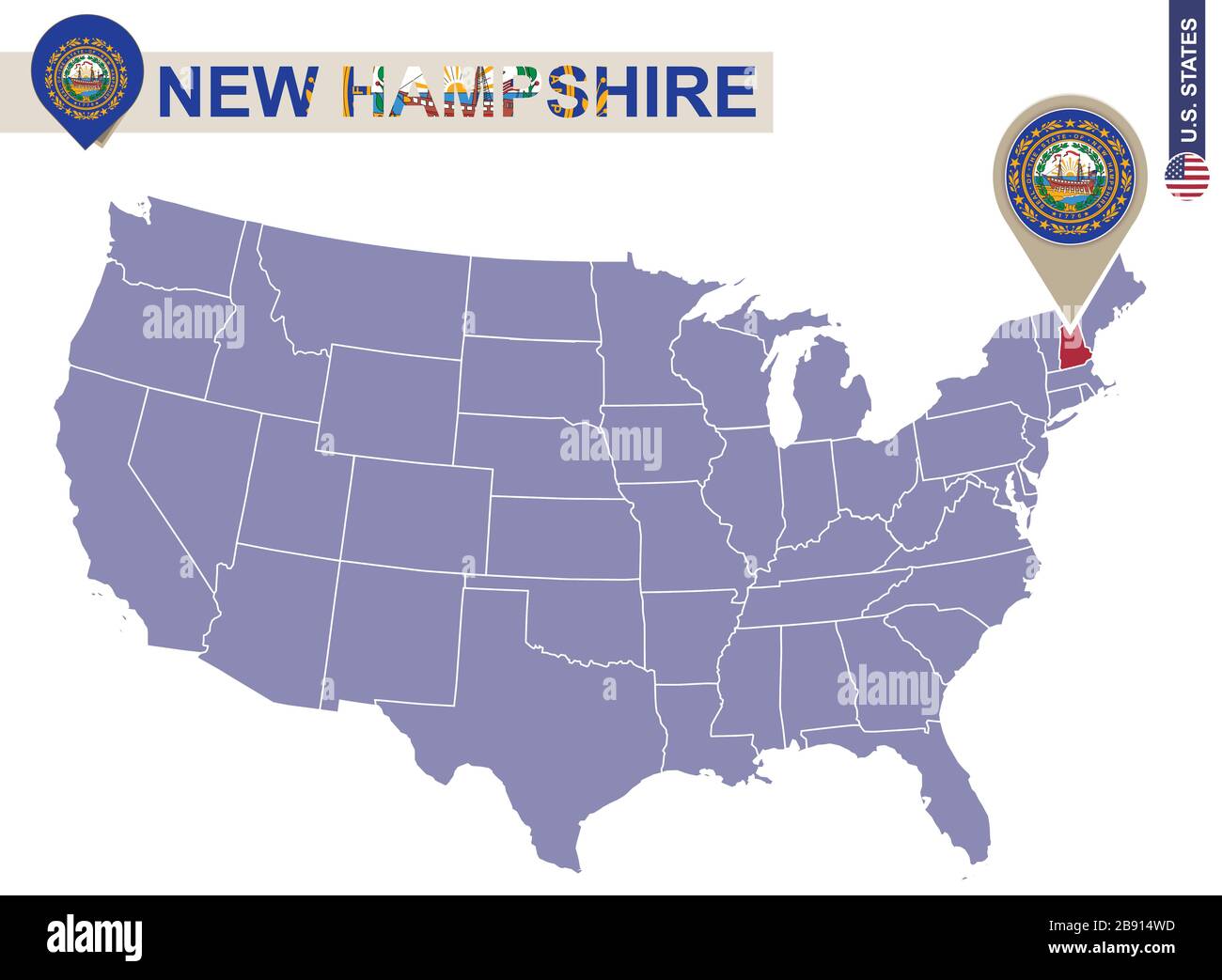 New-Hampshire State auf USA Karte. Flagge und Karte von New Hampshire. US-Bundesstaaten. Stock Vektor