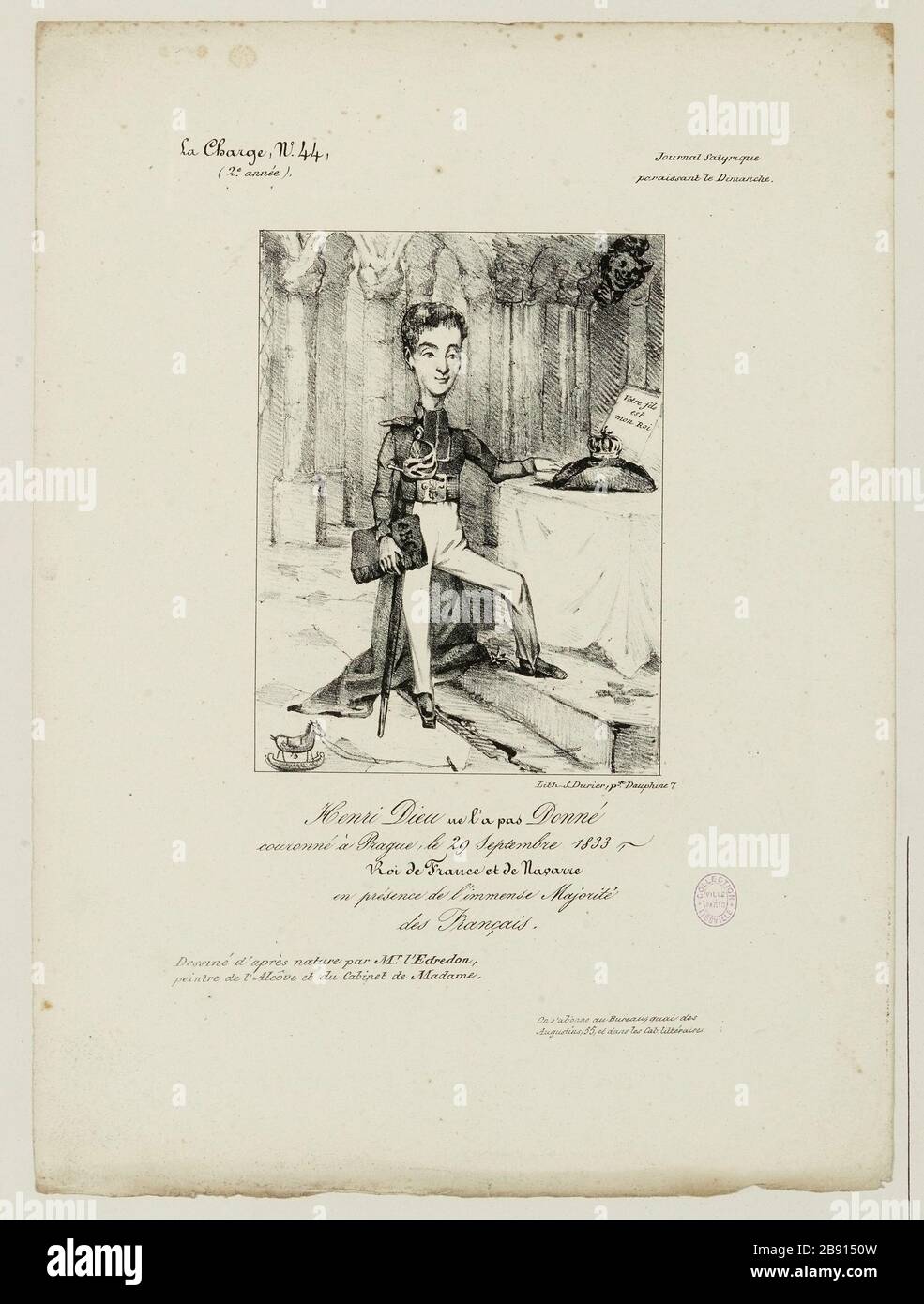 Anklage Nr. 44, Henry hat nicht Gott gegeben, gekrönt in Prag am 29. September, König von Frankreich und Navarra in Anwesenheit der großen Mehrheit der Franzosen. Stockfoto