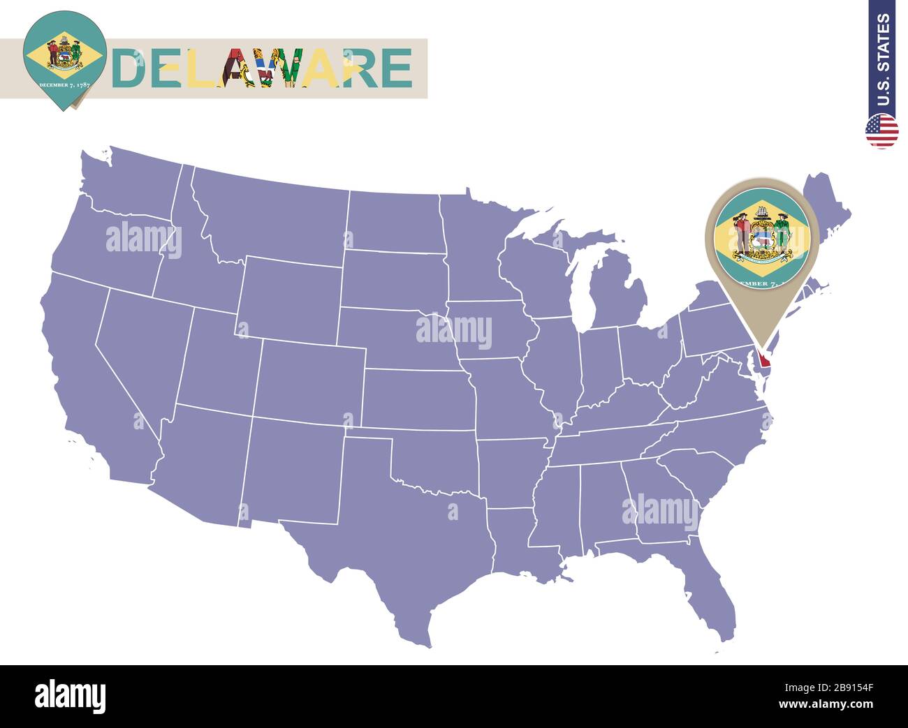 Delaware State on USA Map. Delaware Flagge und Karte. US-Bundesstaaten. Stock Vektor