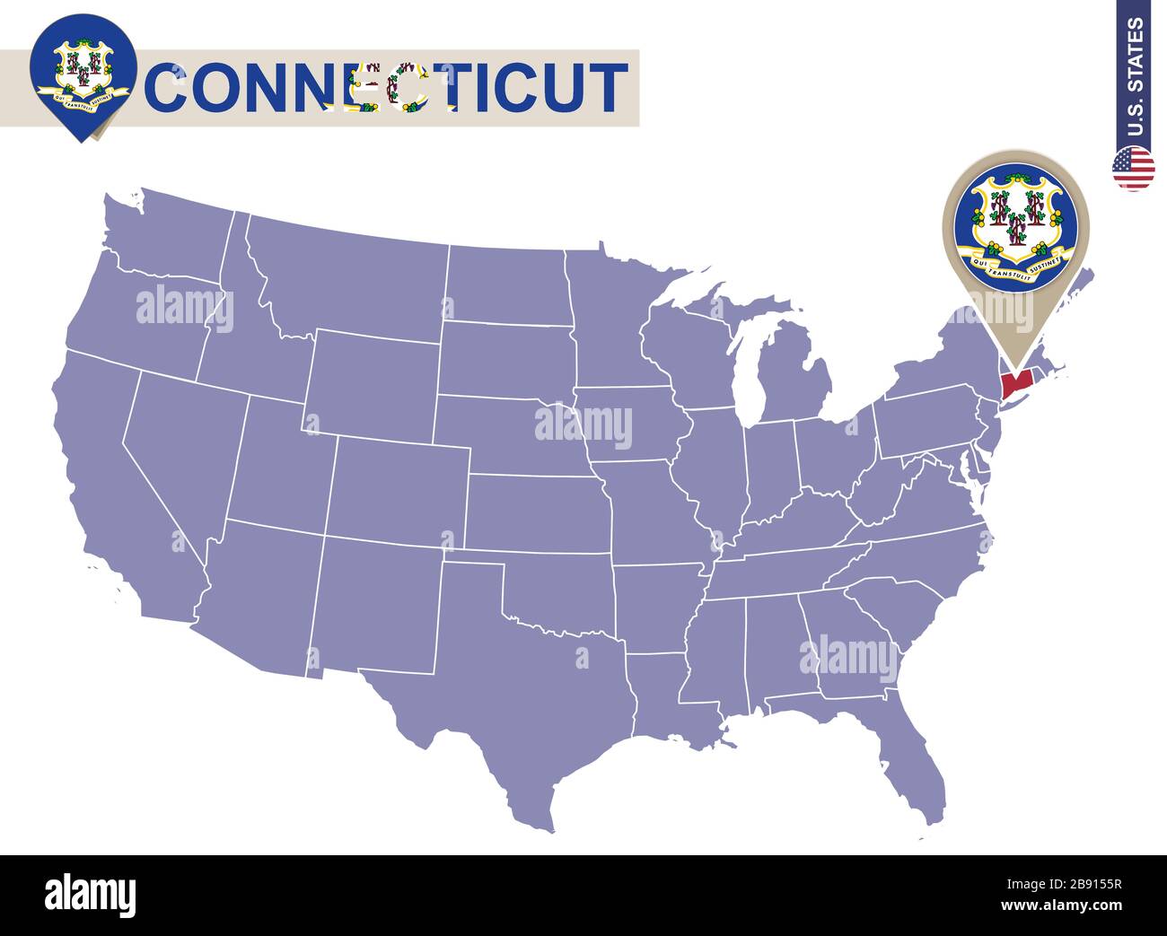 Connecticut State on USA Map. Flagge und Karte von Connecticut. US-Bundesstaaten. Stock Vektor