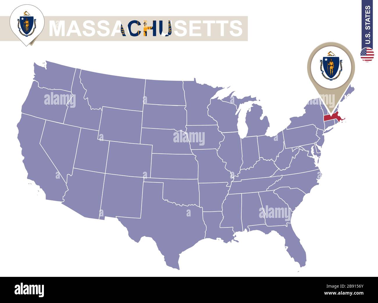 Bundesstaat Massachusetts auf der Karte der USA. Flagge und Karte von Massachusetts. US-Bundesstaaten. Stock Vektor