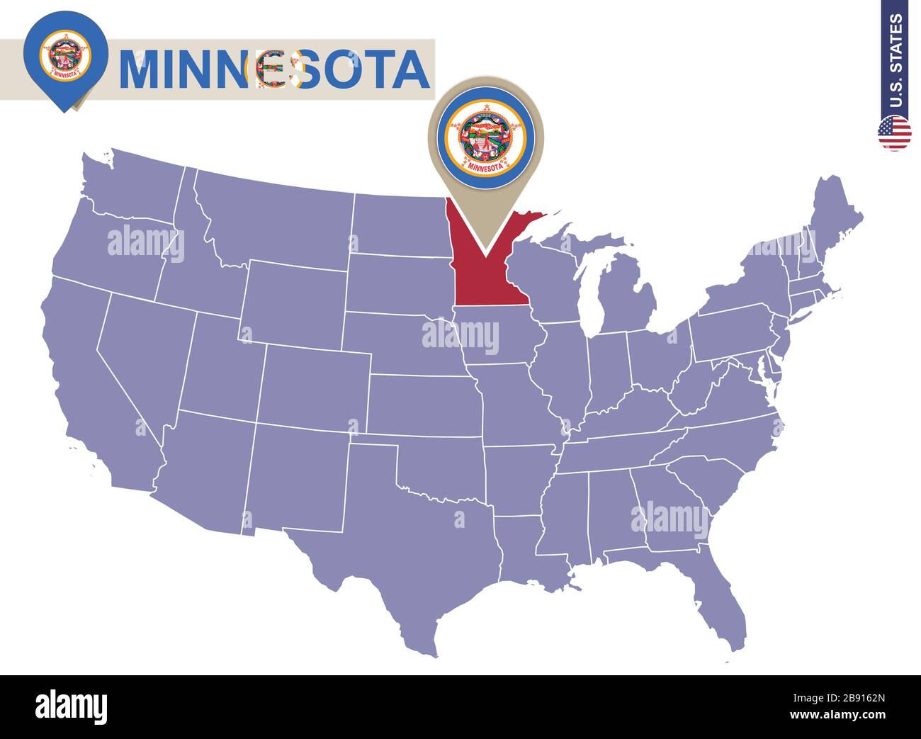 Minnesota State auf USA Karte. Flagge und Karte von Minnesota. US-Bundesstaaten. Stock Vektor