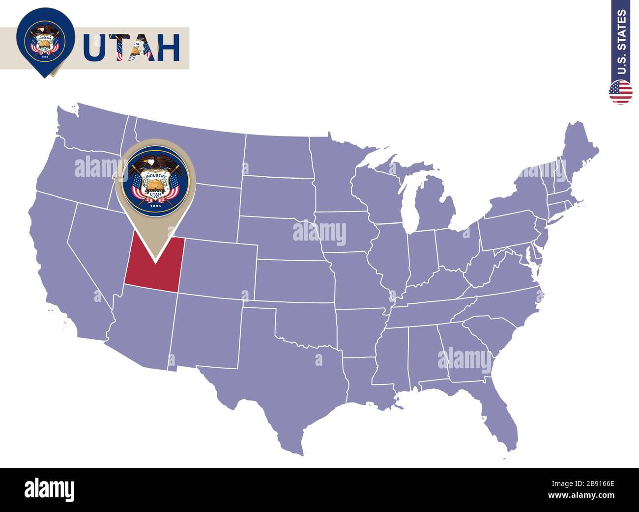 Utah State auf USA Map. Flagge und Karte von Utah. USBundesstaaten