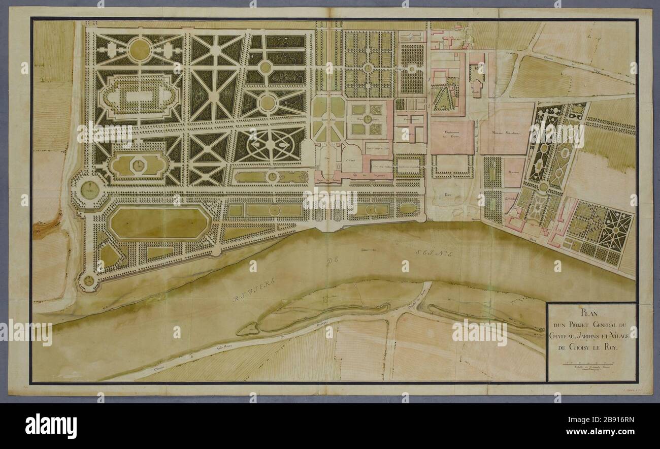 Planen Sie ein allgemeines Projekt des Schlosses, der Gärten und des Dorfes Choisy le Roy Ange-Jacques Gabriel (1698-1782). Plan d'un projet général du château, jardins et Village de Choisy-le-Roy. Paris, musée Carnavalet. Stockfoto