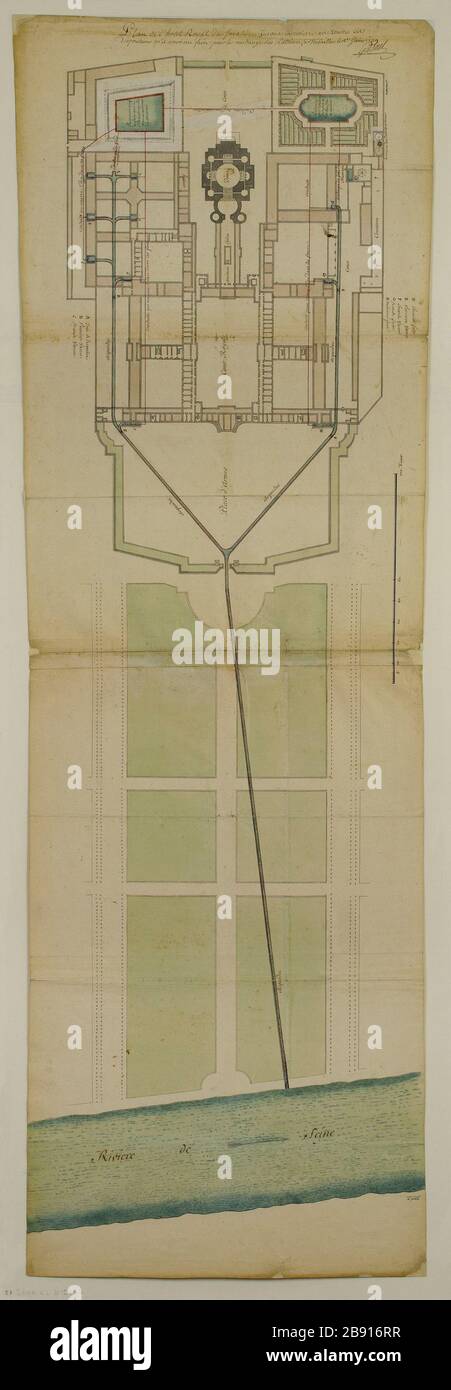 Karte von Royal Hotel des Invalides, mit Projekt Latrine Leerung System Ange-Jacques Gabriel (1698-17892). Plan de l'Hôtel Royal des Invalides, avec projet de système de vidange des latrines. Paris, musée Carnavalet. Stockfoto