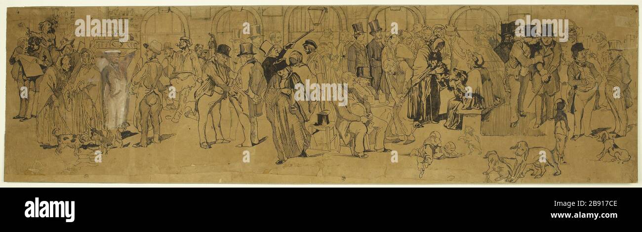 Menschenmenge vor einem Bahnhof Anonyme. Foule devant une gare. Plume à l'encre grise et à l'encre de Chine, rehasuts d'aquarelle rouge et de gouache blanche, 1850-1899. Musée Carnavalet, Histoire de Paris. Stockfoto