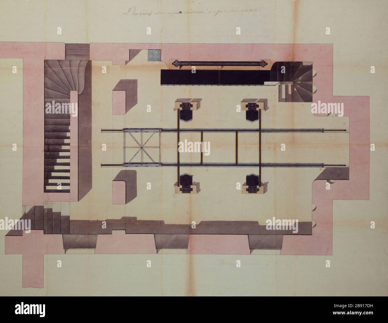 Allgemeiner Plan der U-Bahn, wo die Wartung der mechanischen Tabelle Anonyme ist. Plan général des souterrains où se fait le Service de la table mécanique. Plume et lavis d'encre de Chine et aquarelle, sur papier vergé. Paris, musée Carnavalet. Stockfoto