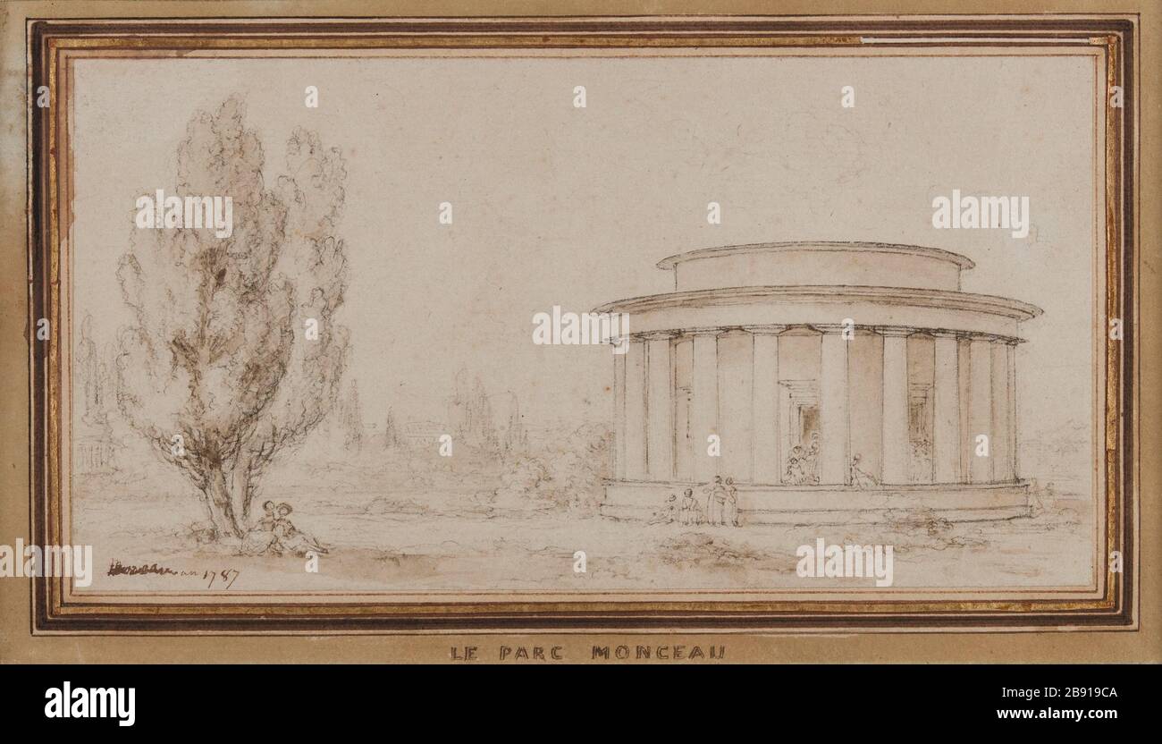 Die Rotunde des Parc Monceau, 1787 Maréchal, Jean Baptiste. La rotonde du Parc Monceau, 1787. Pflaume, Flusskrebse, Lavis bistre. Paris, musée Carnavalet. Stockfoto