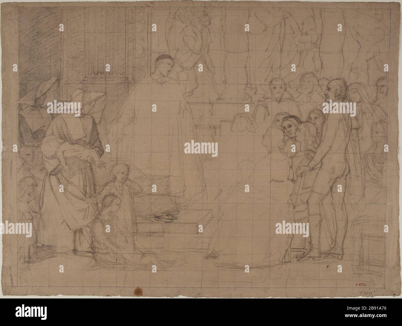 St. Vincent bezieht sich auf Menschen aus der hohen Gesellschaft der verlassenen Kinder Richomme, Jules (1818-1903). Der heilige Vincent désignant à des Gens de la Haute société des enfants abandonnés. Pierre noire sur Papier teinté. Paris, musée Carnavalet. Stockfoto