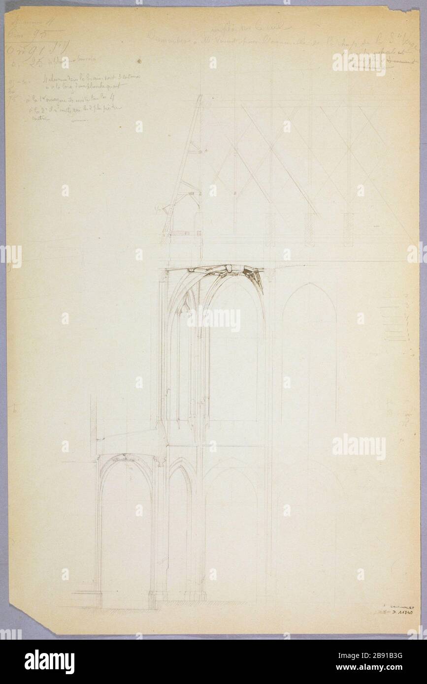 Teilplan der Kirche Saint-Gervais-St.-Protais, Vierte Parlifette, Anonyme Paris. Plan partiel de l'église Saint-Gervais-Saint-Protais. Paris (IVème arr.). Pflaume, Flusskrebse. Paris, musée Carnavalet. Stockfoto