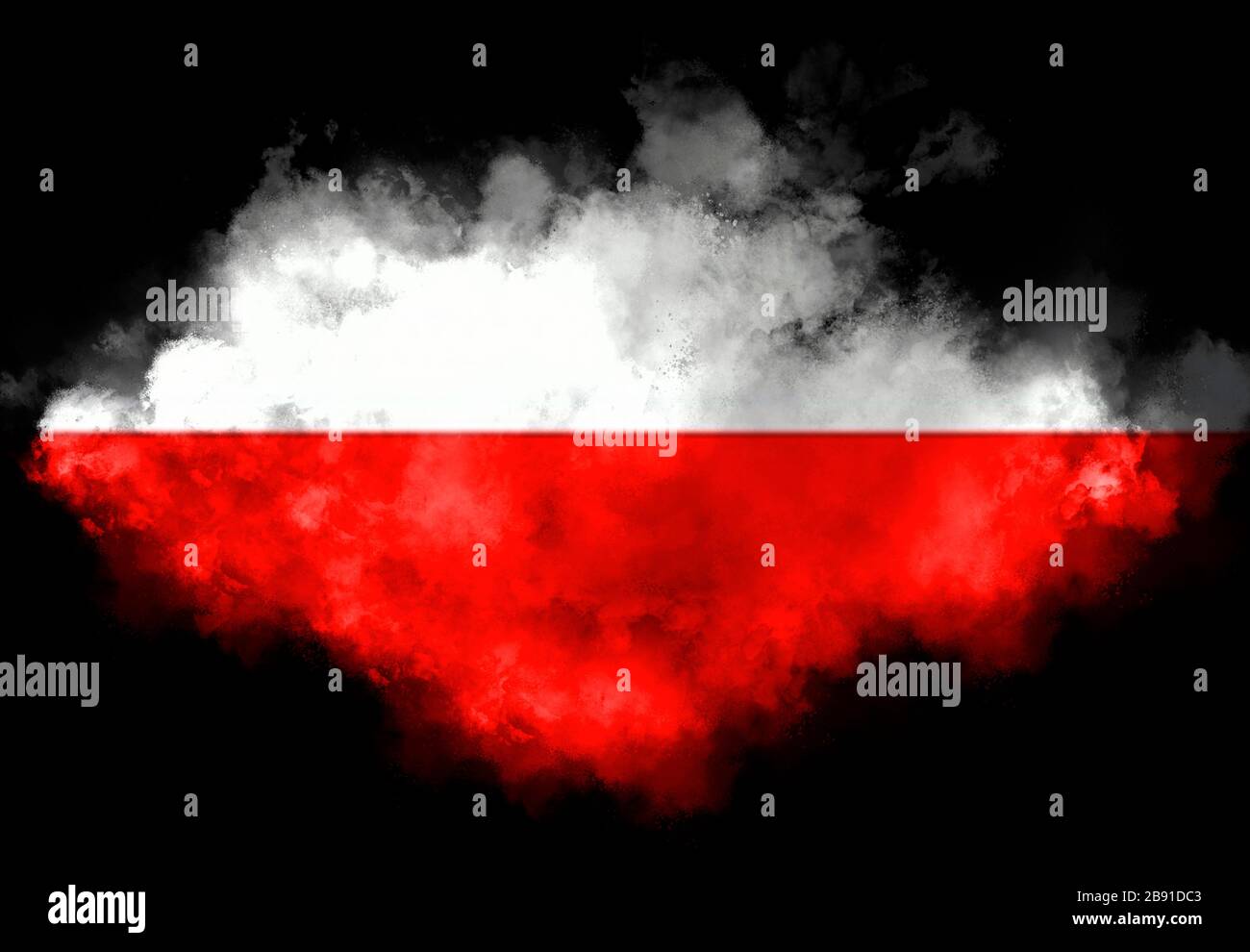 Die polnische Flagge wurde aus Farbrauch auf schwarzem Hintergrund ausgeführt. Abstraktes Symbol. Stockfoto