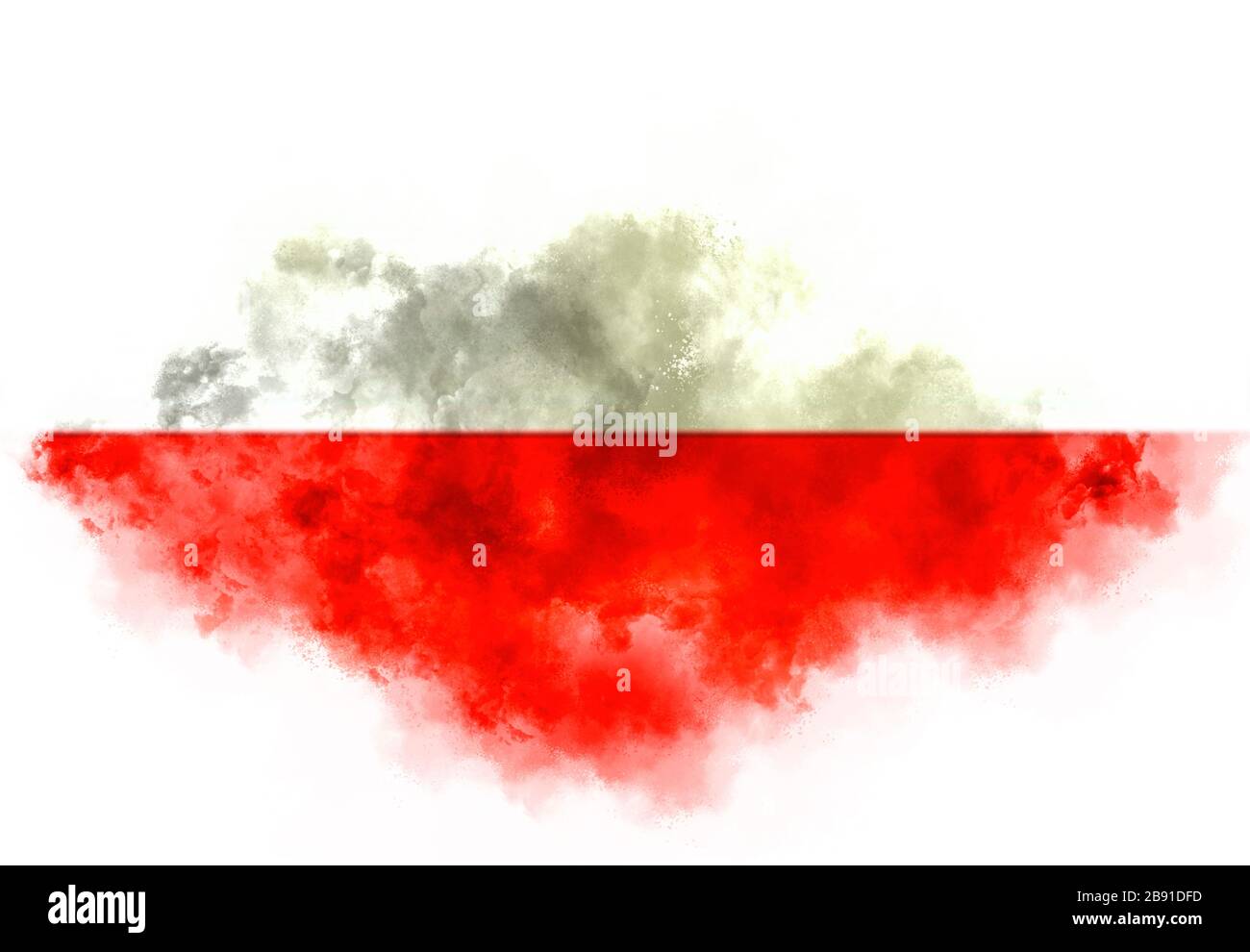Die polnische Flagge wurde aus Farbrauch auf dem weißen Hintergrund ausgeführt. Abstraktes Symbol. Stockfoto