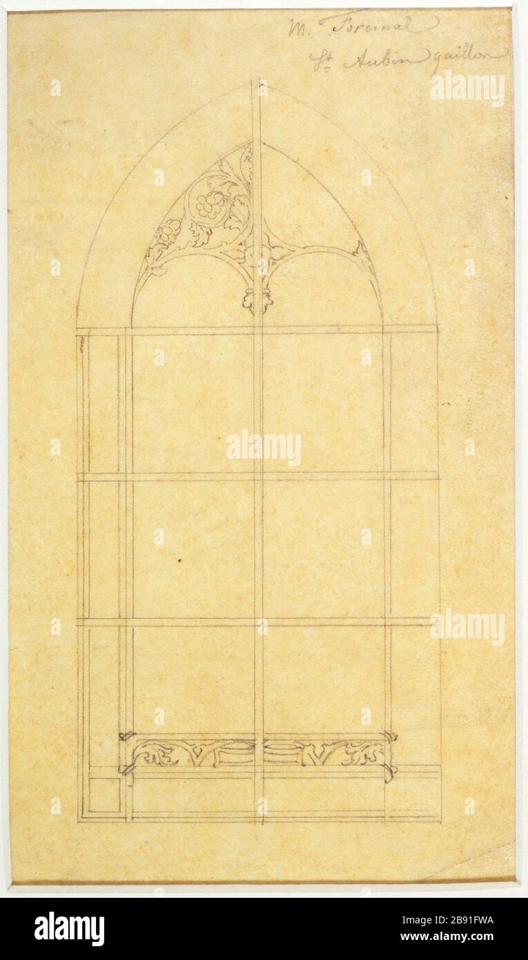 Projektdach, das die Heiligen Aubin, Herrn und Herrn Gaillon Forcival Jean Gaspard, Jules ou Johann Caspar Julius Gsell (1814-1904/05) darstellt. Projet de verrière représentant Saint Aubin, monsieur Gaillon et monsieur Forcival. Krebse. Paris, musée Carnavalet. Stockfoto