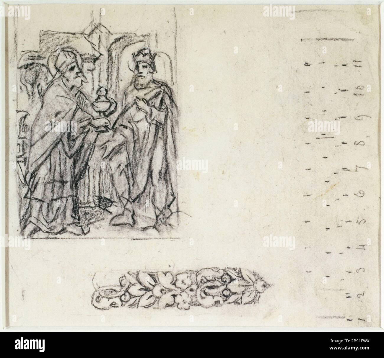 Projektdach, der einen König und einen Bischof für den Saint-Eloi Jean Gaspard Jules ou Johann Caspar Julius Gsell (1814-1904/05) darstellt. Projet de verrière représentant un roi et un évêque pour la paroisse Saint-Eloi. Krebse. Paris, musée Carnavalet. Stockfoto