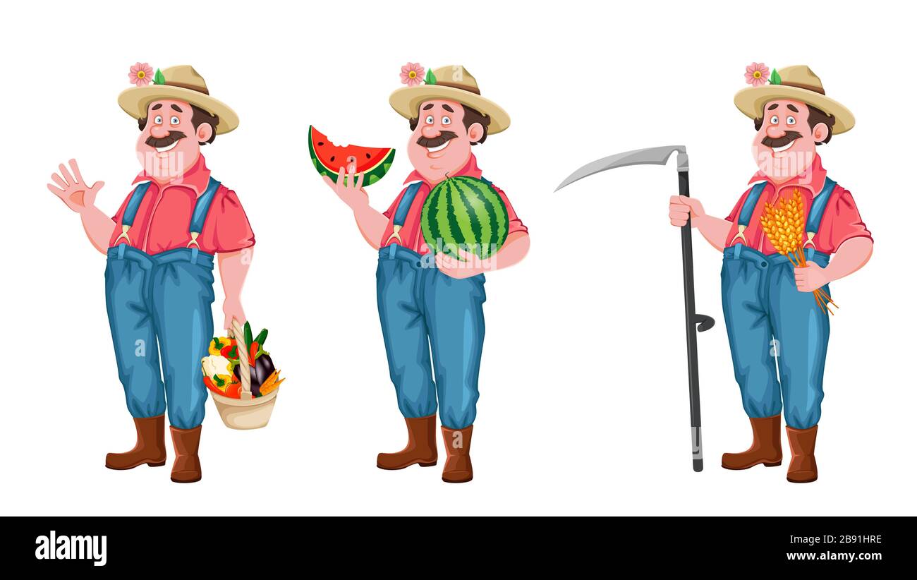 Cartoon-Figur des Landwirts, Satz mit drei Posen. Fröhlicher Bauer mit Gemüse, mit Wassermelone und mit Schythe. Stockvektor isoliert auf weiß Stock Vektor