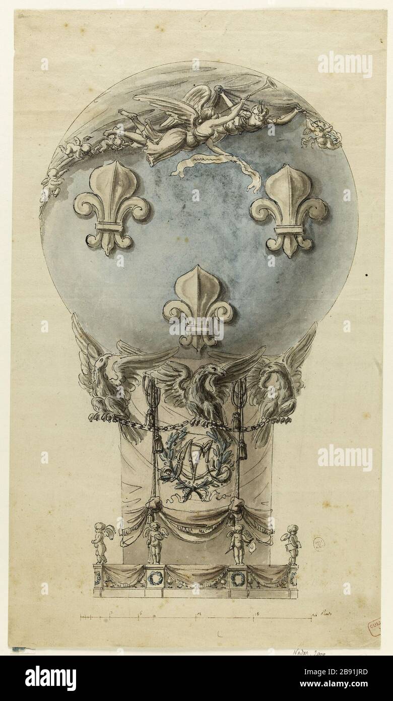 Projektdesign für den fliegenden Ballon Rozier Pilâtre. Anonyme. "Projet de décoration pour l'aéro-montgolfière de Pilâtre de Rozier". Aquarelle et encre brune. Paris, musée Carnavalet. Stockfoto