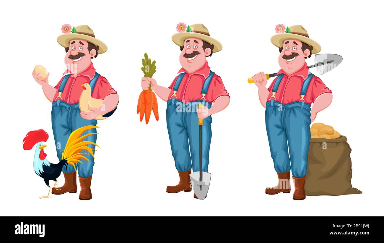 Farmer Cartoon-Charakter. Fröhlicher Bauer, dreier Satz. Stockvektor isoliert auf weiß Stock Vektor