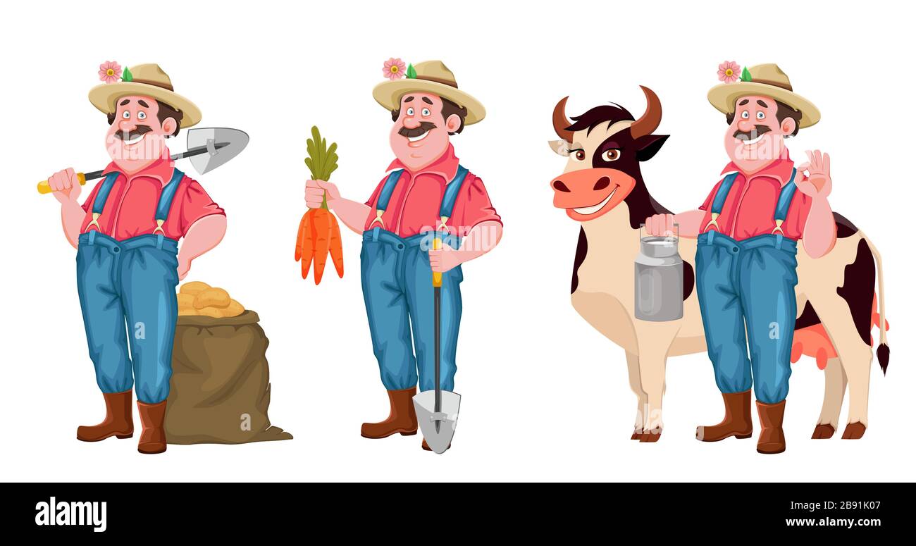 Cartoon-Figur des Landwirts, Satz mit drei Posen. Fröhlicher Bauer mit Schaufel und Kartoffelbeutel, mit Karotten und mit Kuh. Stockvektor isoliert auf Whi Stock Vektor