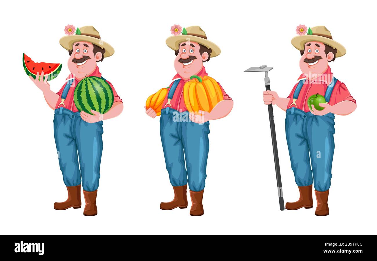 Cartoon-Figur des Landwirts, Satz mit drei Posen. Fröhlicher Bauer mit Wassermelone, mit Kürbis und mit Hacke. Stockvektor isoliert auf weiß Stock Vektor