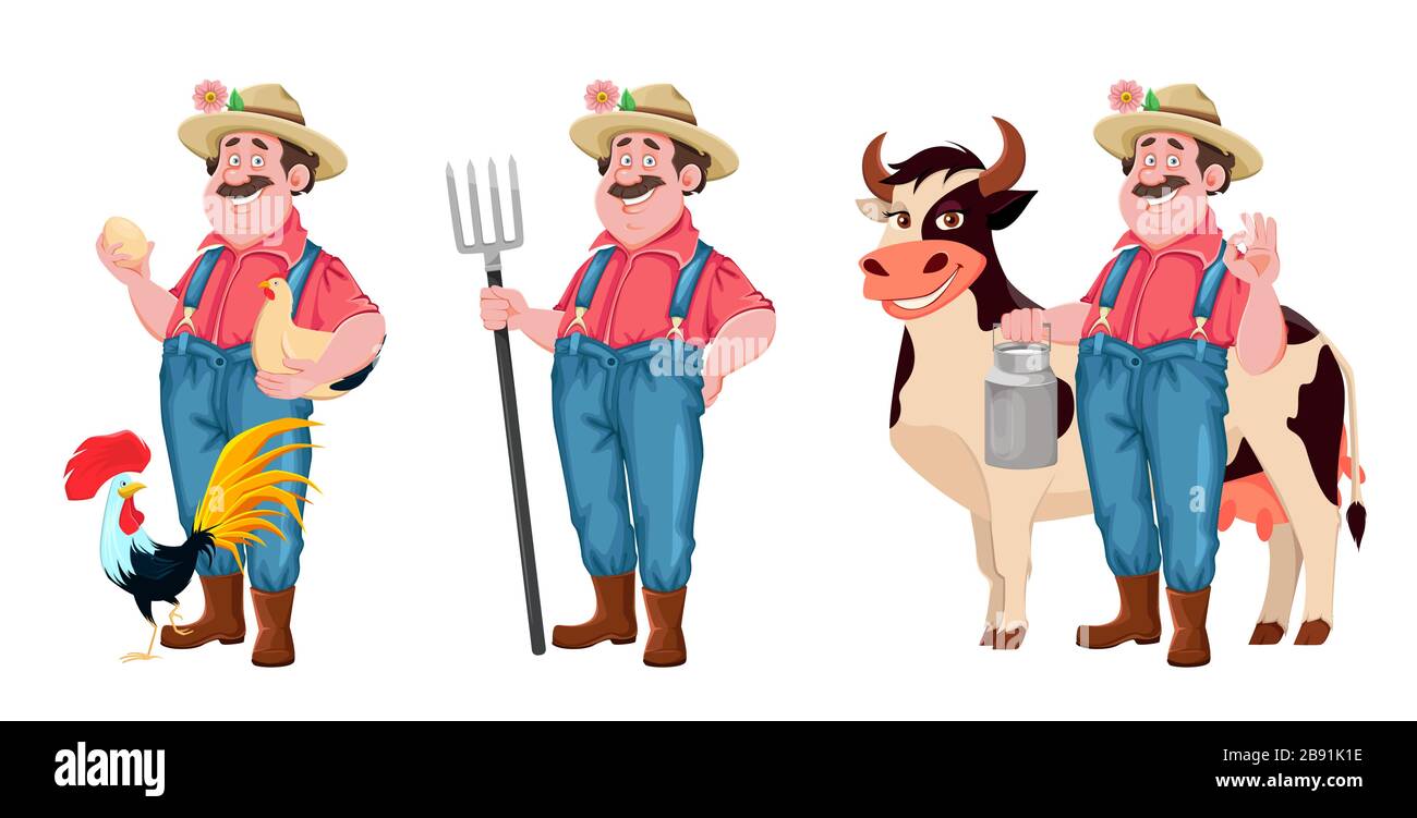 Cartoon-Figur des Landwirts, Satz mit drei Posen. Fröhlicher Bauer mit Huhn, mit Pitchfork und mit Kuh. Stockvektor isoliert auf weiß Stock Vektor