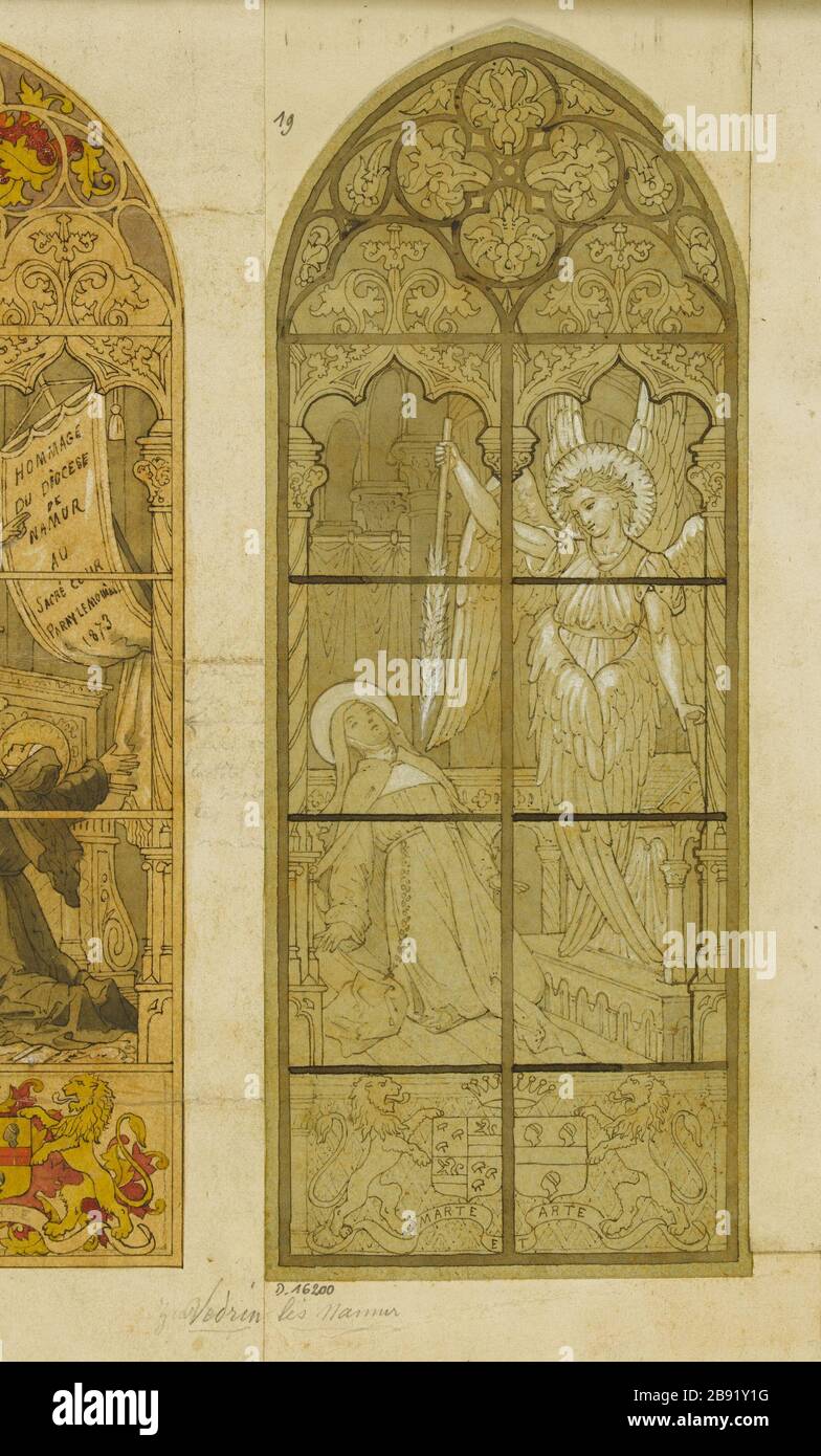 ALBUM # 4; ENTWURF FÜR BUNTE VEDRIN THE NAMUR; FENSTER ZWEI SPANNE: TRANSVERBERATION HEART OF SAINT TERESA VON AVILA ATELIER GSELL-LAURENT. Album Nr. 4; projet de vitrail pour Védrin-les-Namur; fenêtre à deux travées : transverbération du coeur de Saine Thérèse d'Avila. Encre, lavis, gouache. Paris, musée Carnavalet. Stockfoto