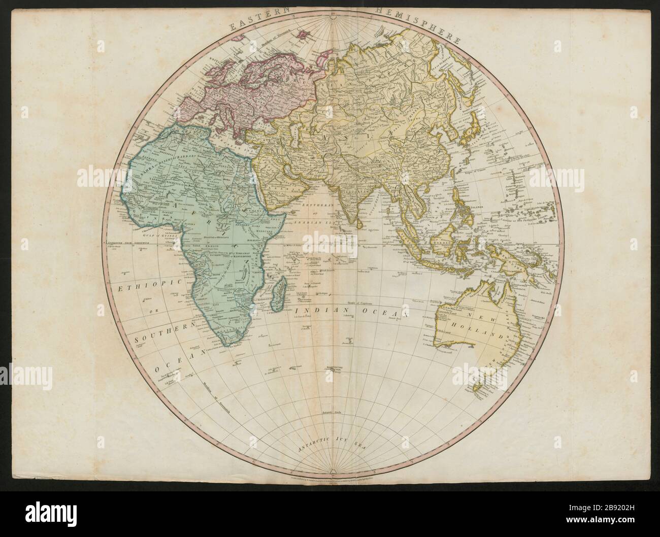 Östliche Hemisphäre. Europa Asien Afrika New Holland (Australien). KARTE VON FADEN 1802 Stockfoto