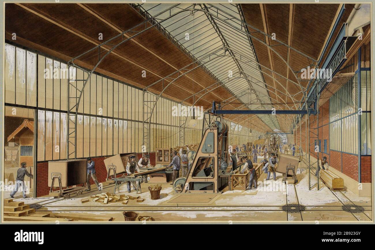 Die Werkstatt aus Holzziegeln E. Alix. L'Atelier de pavés de bois. Crayon, Aquarelle, Gouache. Paris, musée Carnavalet. Stockfoto