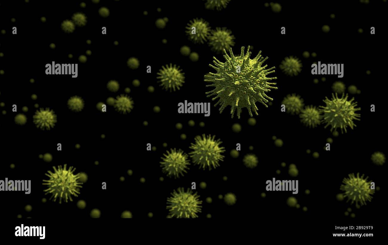 Erreger des Coronavirus, der Covid-19-Ausbruch, das Sars-CoV-2-Virus auf schwarzem Hintergrund Stockfoto