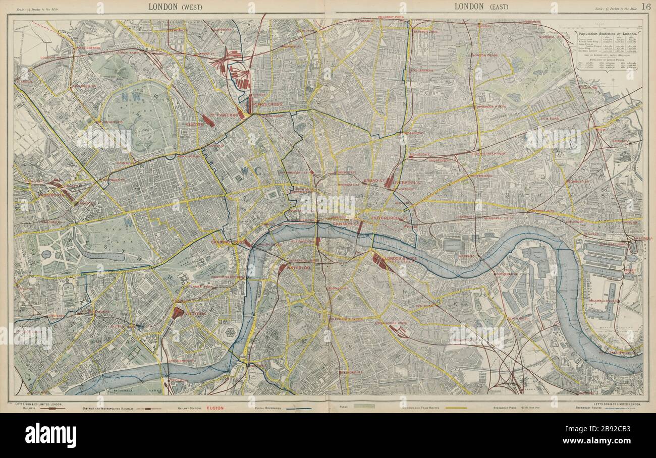 STADTPLAN IN LONDON. U-Bahn-Busbahnhöfe. LETTS Karte von 1884er Stockfoto