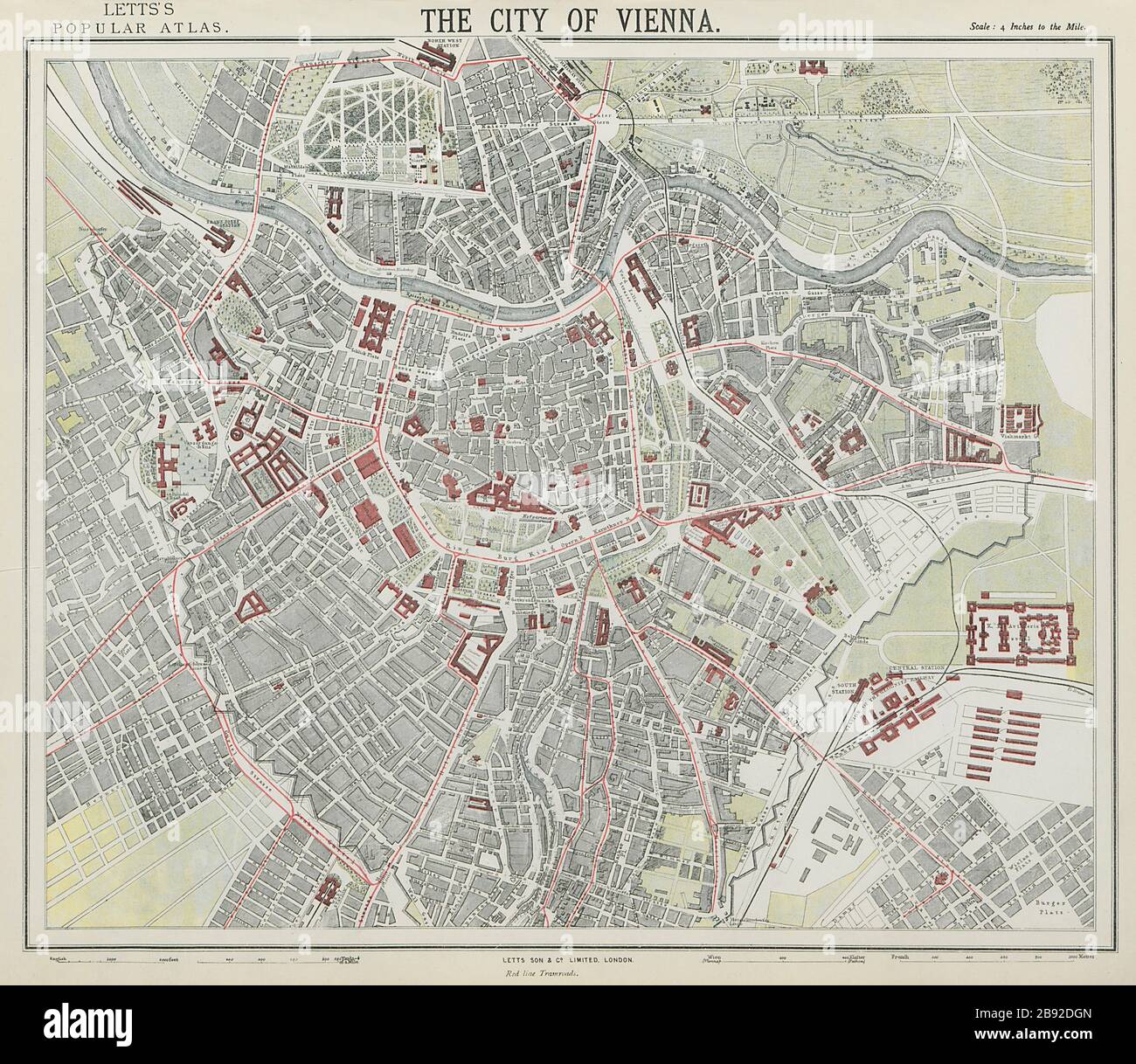 WIEN WIEN antike Stadtplan. Fahrbahnen in Rot. LETTS, das Jahr 1884 Stockfoto
