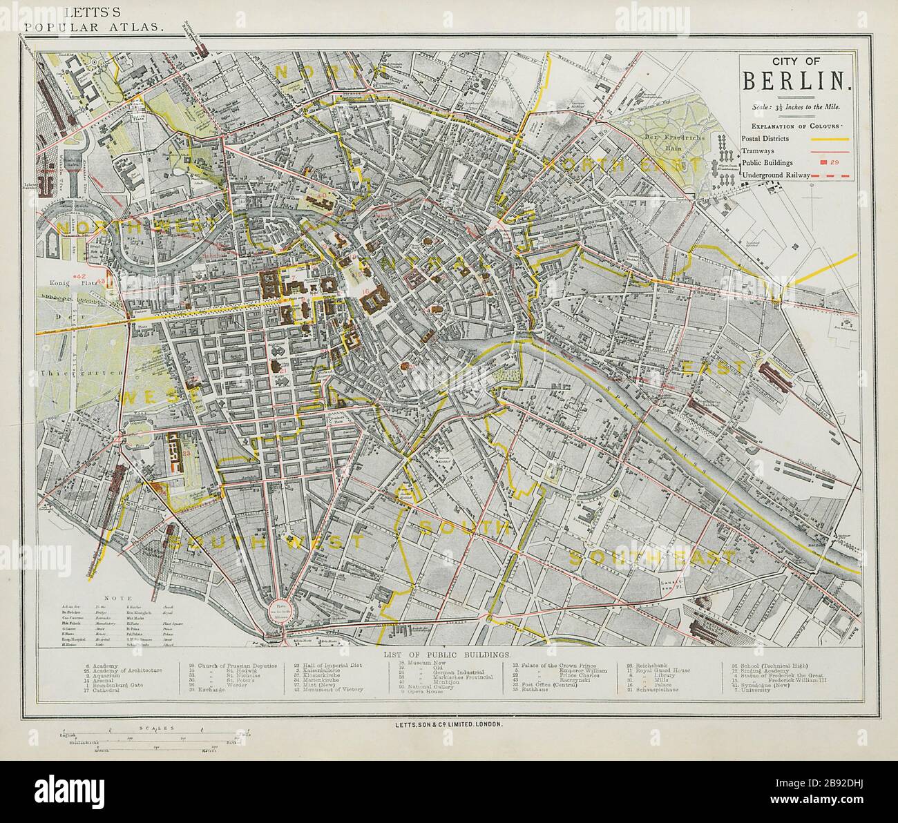 STADTPLAN DER ANTIKEN STADT BERLIN. Tramways U-Bahn-Postviertel LETTS, das Jahr 1884 Stockfoto