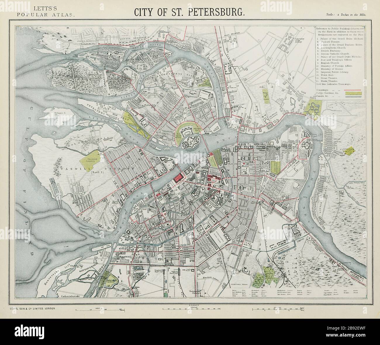 Sankt PETERSBURG Stadtplan für antike Städte. Fahrbahnen. LETTS, das Jahr 1884 Stockfoto