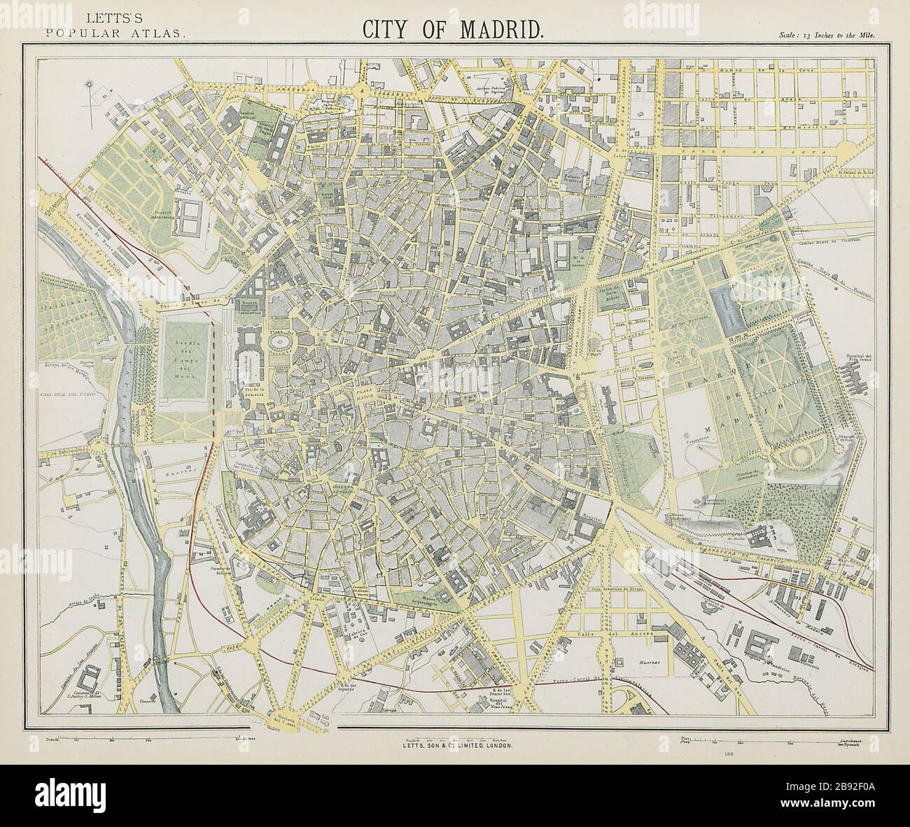 MADRID - Stadtplan der antiken Stadt. Eisenbahn. LETTS, eine alte Tafel von 1884er Stockfoto